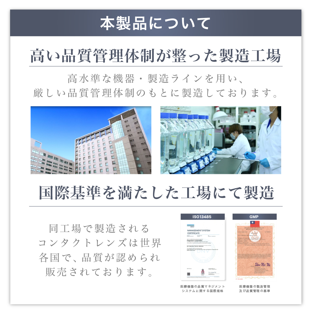 本製品について 国際基準を満たした工場にて製造・高い品質管理体制が整った製造工場