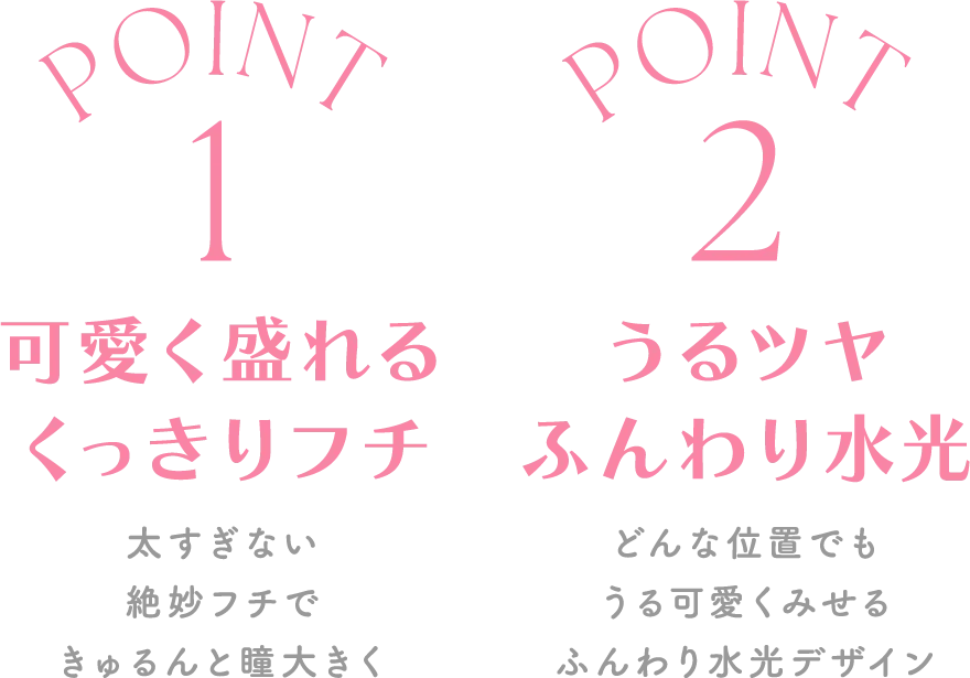 ポイント1:可愛く盛れるくっきりフチ・ポイント2:うるツヤふんわり水光
