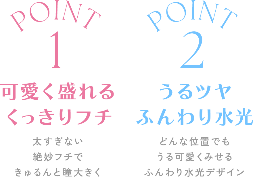 ポイント1：可愛く盛れるくっきりフチ・ポイント2:うるツヤふんわり水光
