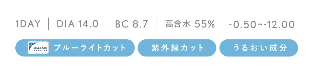 1DAY DIA 14.0 BC 8.7 高含水55%  -0.50～-12.00 ブルーライトカット 紫外線カット うるおい成分