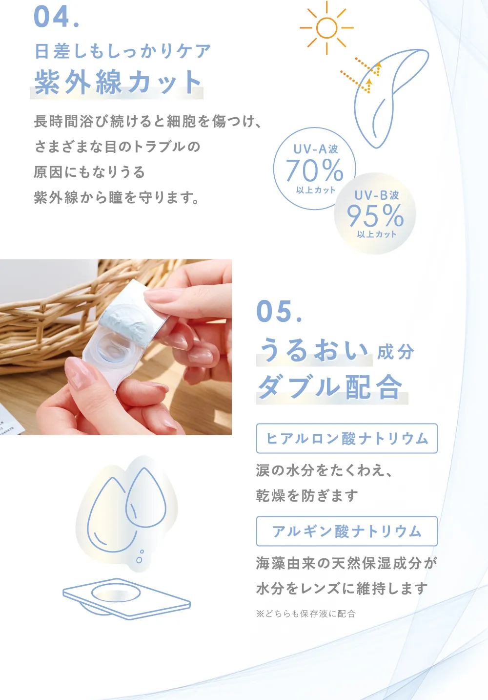 04.日差しもしっかりケア 紫外線カット 05.うるおい成分 ダブル配合