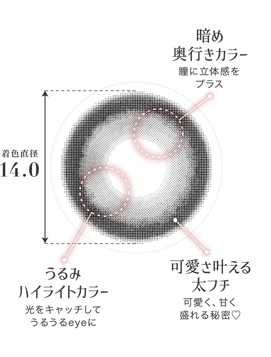 NEW 暗め奥行きカラー 瞳に立体感をプラス うるみハイライトカラー 光をキャッチしてうるうるeyeに 可愛さ叶える太フチ 可愛く、甘く盛れる秘密 着色直径14.0