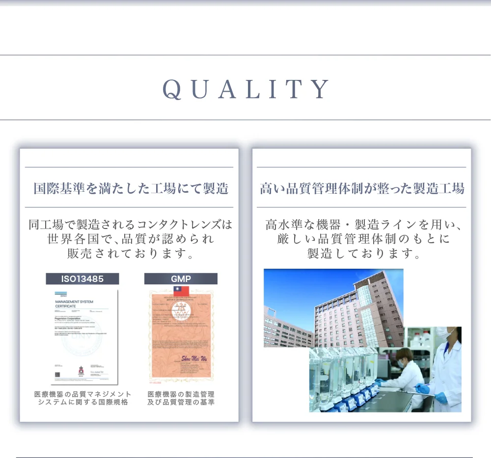 品質について 国際基準を満たした工場にて製造・高い品質管理体制が整った製造工場